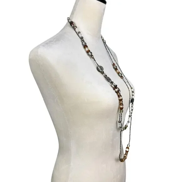 Coldwater Creek Brown Neutral Multi Shape Beads Seed Bead Layering Long Necklace - Picture 3 of 10